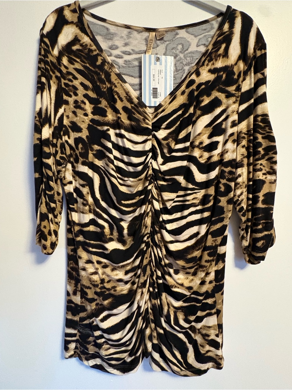 Ruched V-Neck Animal Print Tunic Top - Black & Tan